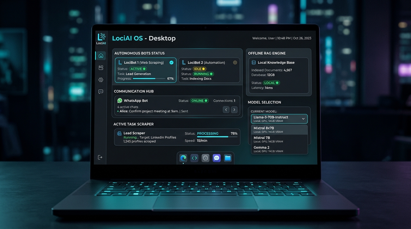 LociAI OS Minimalist Dark Mode Desktop Launcher GUI